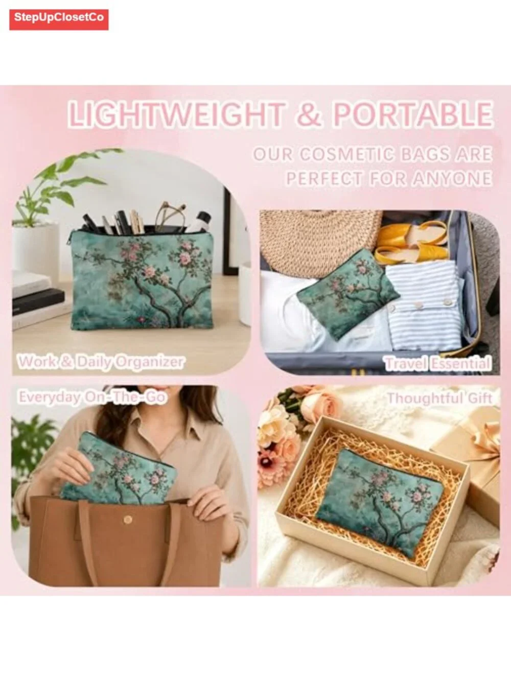 Vintage Chinoiserie Floral Linen Makeup Bag Cosmetic Pouch Travel Toiletry